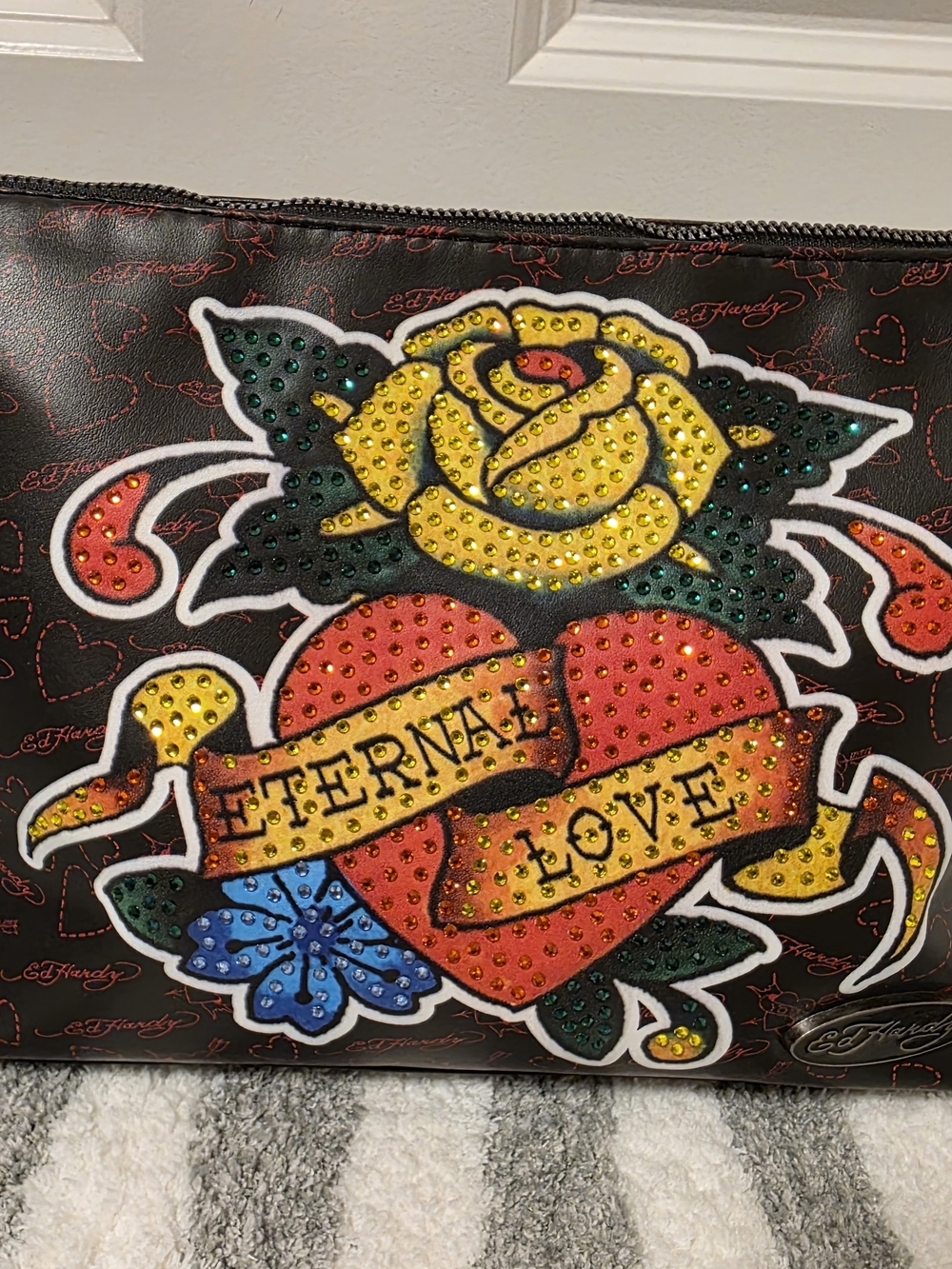 Ed Hardy Black 'Eternal Love' Embellished Heart & Rose Clutch